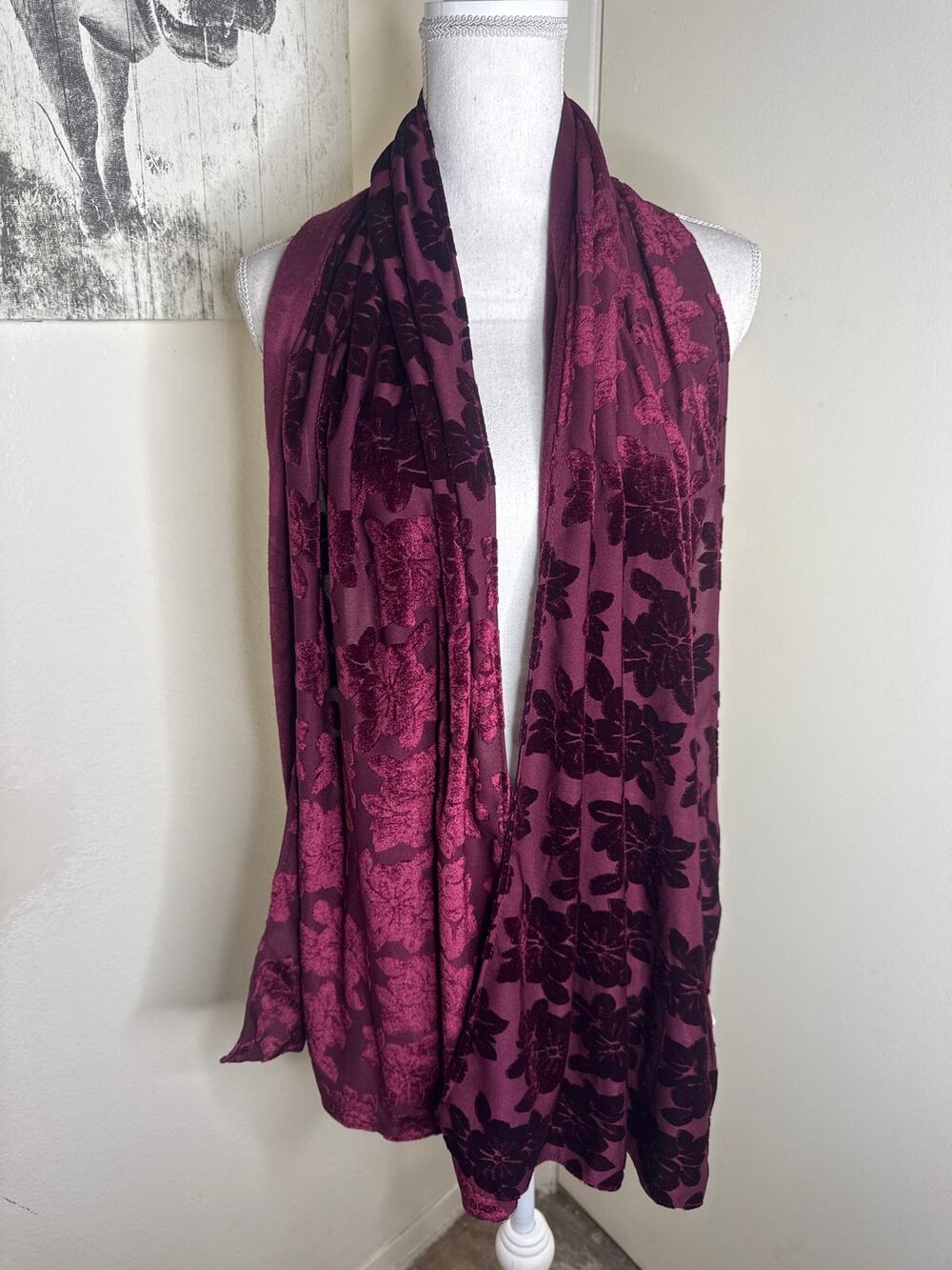 Y2K Capelli NY Sheer Floral Burnout Velvet Scarf Shawl Whimsigoth Maroon NWT
